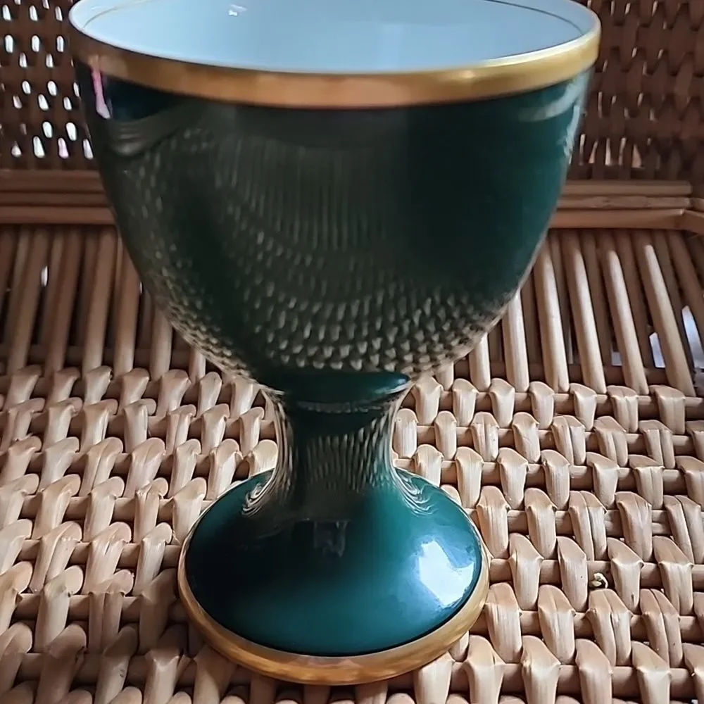 Vintage 1978 Fitz & Floyd Renaissance Dark Green & Gold Tone Trim Goblet Cup